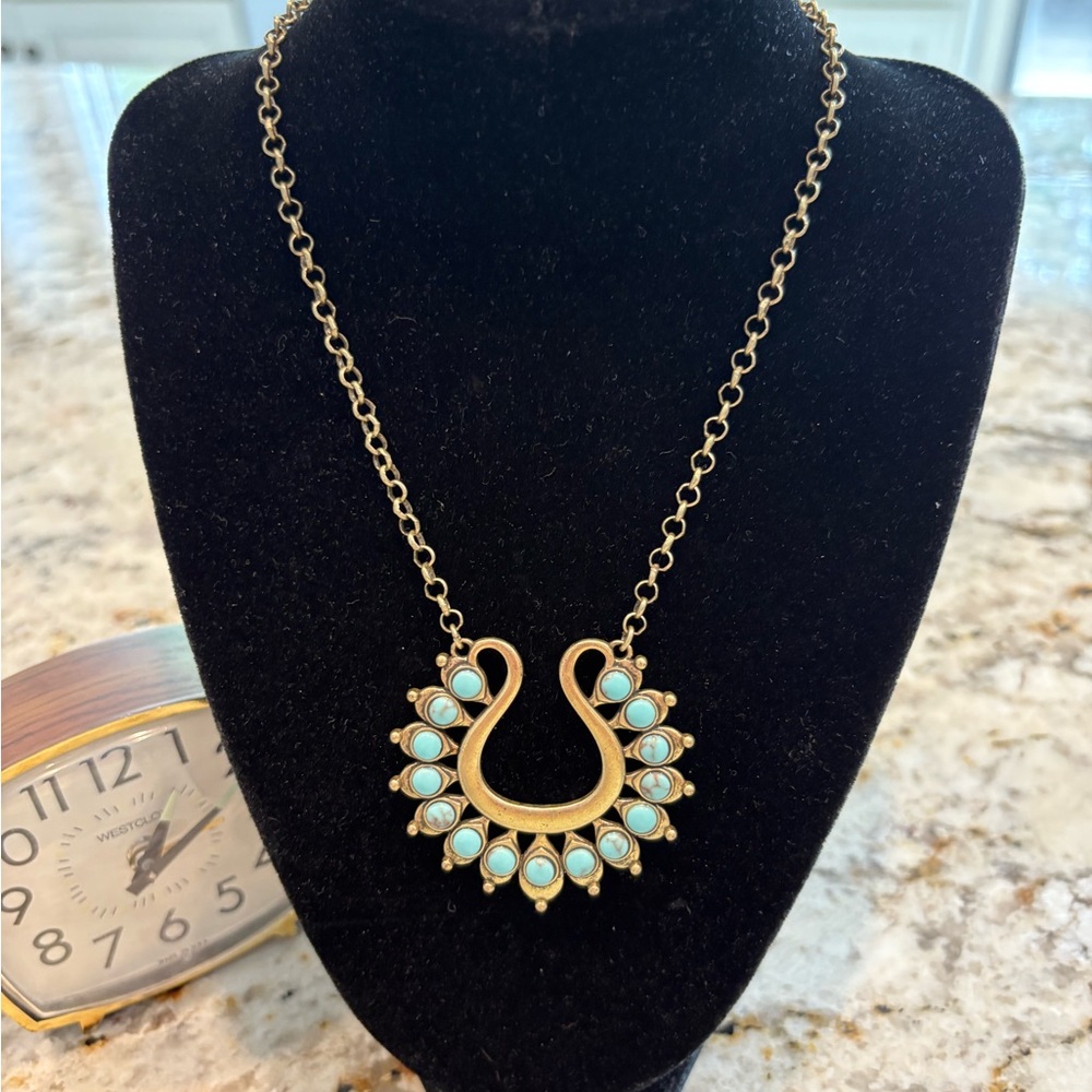 Lucky Brand Gold and Turquoise Squash Blossom Reversible Necklace 30” long